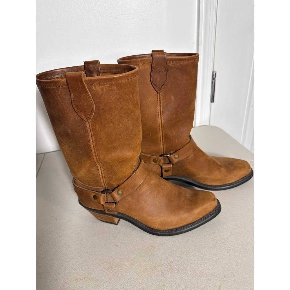 Vintage Brown Leather Harness Boots Mid Calf Western Cuban Heel Size 9M USA Made - Picture 2 of 9